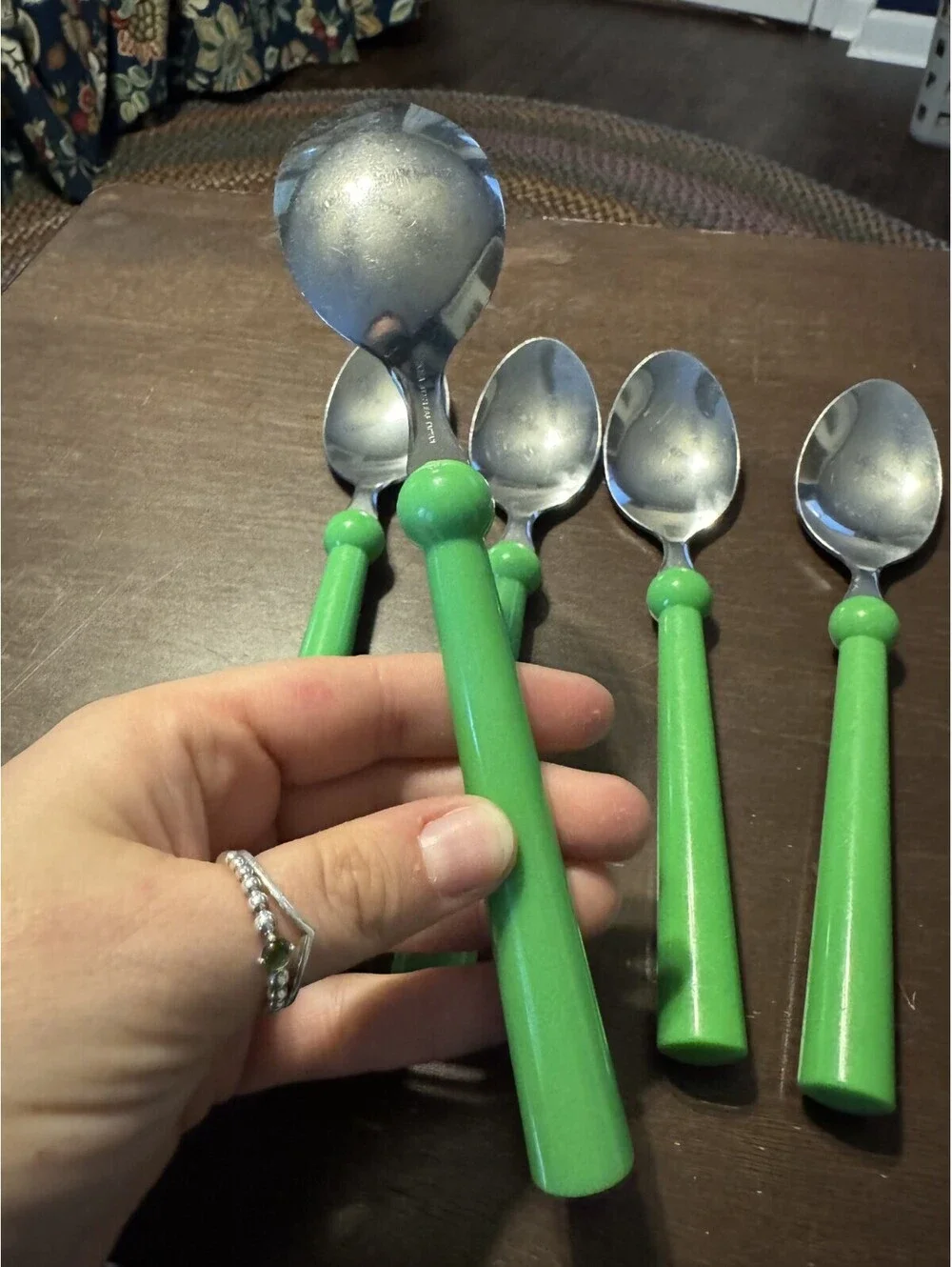 5 IKEA Vtg Green Handle Stainless Flatware Silverware Set Large Spoons